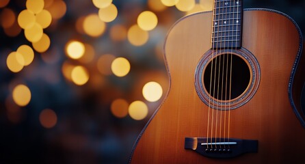 Fototapeta premium Beautiful Acoustic Guitar Close-Up Highlighting Craftsmanship and Strings in Soft Light.