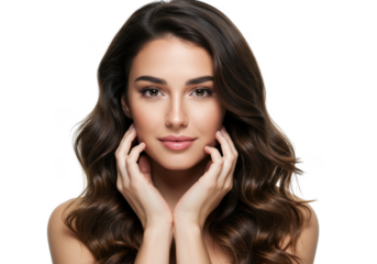 Beautiful young woman with long wavy dark brown hair and expressive eyes posing gracefully transparent background