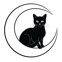 Mystical black cat with bright eyes sitting on a simple crescent moon line art illustration.