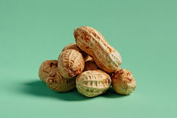 Pile of raw peanuts in shell on a green background. Healthy vegetarian food concept, snack for World Vegetarian Day.