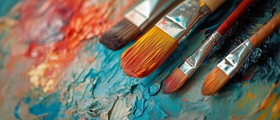 Fototapeta premium Brushes Arranged on Vibrant Colorful Artistic Background for Creative Expression.