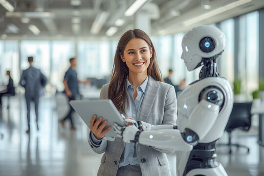 Woman and AI humanoid robot work together and collaborating while send job with tablet, symbolizing AI partnership help job