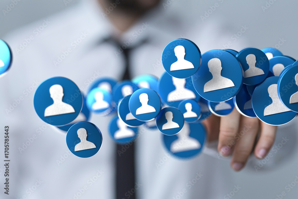 Poster image of a businessman interacting with a network of digital profiles, symbolizing connection and gr