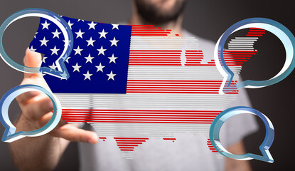 Image of a US map flag with chat bubbles, representing communication or social media in America.