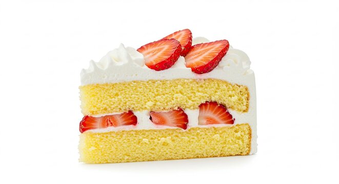 Cake Slice with Fresh Red Strawberries and Whipped Cream on White Background