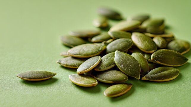 Pile of pumpkin seeds on a green vibrant background. Healthy food background for vegetarian diet. World vegetarian day concept.