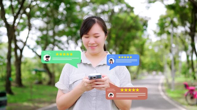 Customer satisfaction concept showing a business on a Mobile receiving excellent 5-star ratings and positive online reviews, illustrating great customer feedback and reputation management.