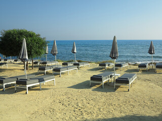 Beautiful landskape, palm trees and sun loungers at luxury resort