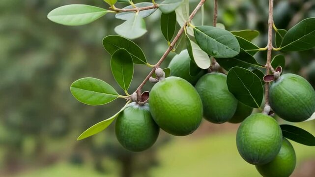 Close-up of green feijoa fruits hanging from a branch with lush leaves in a natural outdoor setting, ready for harvest.