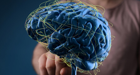 3D model of human brain with glowing neural connections.  Perfect for AI, neuroscience, or technology concepts.