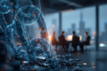 Blockchain technology in finance, digital ledger holograms surrounding a business team,