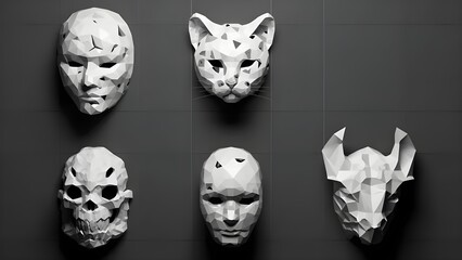 collection of six low-poly masks featuring human, animal, and mythical forms, exploring themes of identity and fragmentation