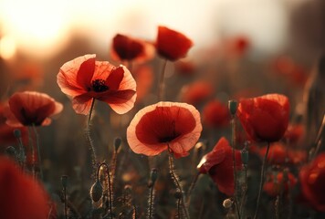 Warmly-lit field of red poppies, petals glowing in soft sunlight, evoking tranquility and the beauty of nature's simplicity