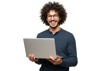 Smiling man with afro holding a laptop isolated on transparent background