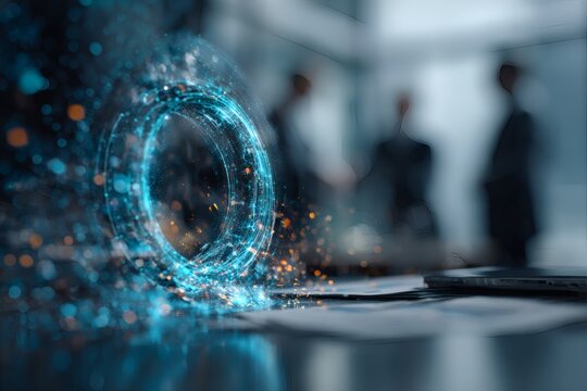 Blockchain technology in finance, digital ledger holograms surrounding a business team,