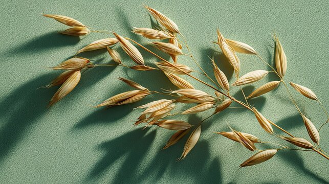 Dried oat seed branch on green textured background with harsh shadow for healthy nutrition and vegan food concept.