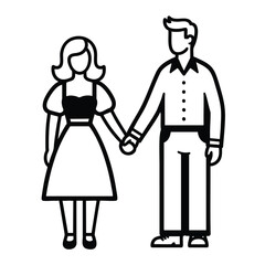 Simple black and white line art illustration of a man and woman holding hands.