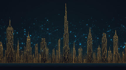 Fototapeta premium Sunshine in the Smart digital Innovation city with connection network reciprocity over the cityscape. of future smart wireless digital city and social media networking systems that connects people