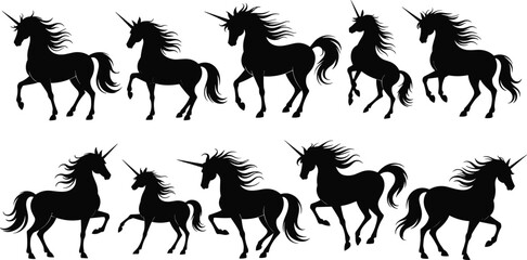 Unicorn silhouettes set, magical fantasy horses vector, black flat design, mythical creature icons, majestic running and standing unicorns illustration, isolated on white background © Creative _design