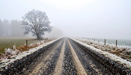 Foggy, frosty country road disappearing into mist