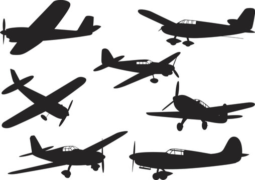 Vintage airplane silhouettes collection, black aircraft vector icons, retro plane shapes design, isolated flying machine graphics, editable flat vector illustration