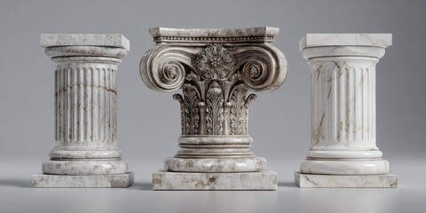 Obraz premium Three marble columns, two Doric, one ornate Corinthian capital, on a neutral background