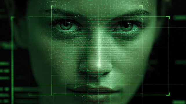 Biometric facial recognition system interface with green scanning frames focusing on eyes creating AI technology