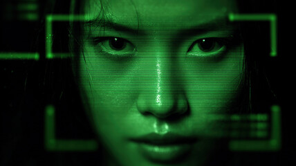 Facial recognition technology interface with green scanning frames on human face creating futuristic biometric concept