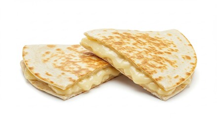 Cheese Quesadilla Slices with Melted Filling on White Background