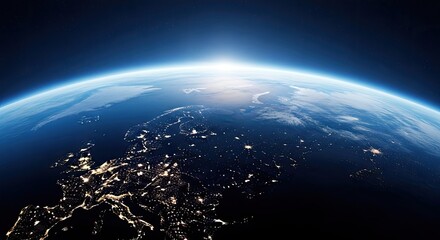 Earth View From Space Showing Europe at Night with City Lights and Sunrise
