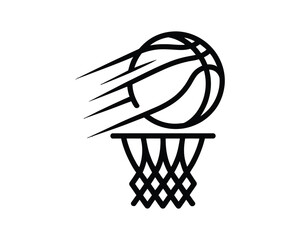 Dynamic basketball icon with speed effect flying into a basket net, a simple sports logo vector line art design for competition