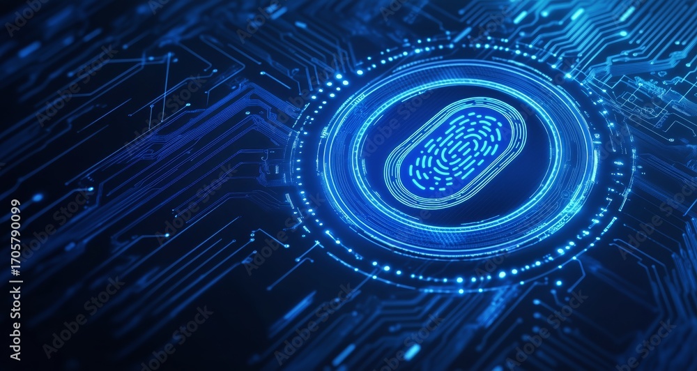 Poster digital fingerprint technology on a circuit board in a tech oriented design