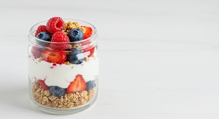 Healthy Yogurt Parfait with Berries and Granola in Glass Jar on White Wood