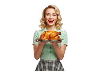 Smiling retro woman holding a roasted chicken isolated on transparent background
