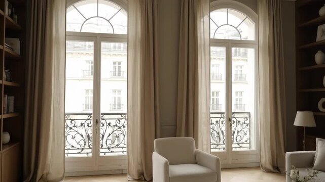 An elegant and bright Parisian-style living room features tall arched French doors with beautiful ironwork letting in natural light with minimalist and luxurious modern furniture

