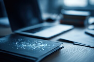 Work space with laptop, paperwork, and a magazine featuring abstract design on a wooden desk, rendered in shades of blue