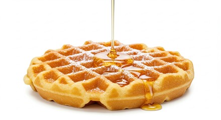 Golden Round Waffle with Powdered Sugar and Syrup Pouring on White