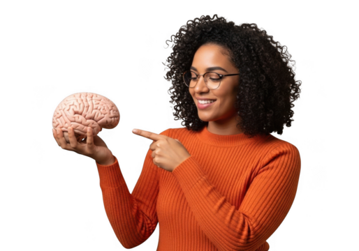 Woman isolated on transparent background pointing at a brain