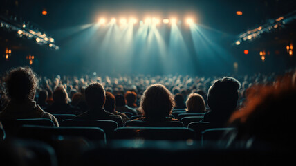 Live concert audience silhouettes with dramatic stage lighting creating electric atmosphere in packed music venue