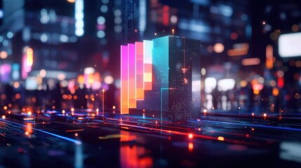 A futuristic cityscape featuring vibrant, illuminated skyscrapers amidst a digital landscape, reflecting a blend of technology and urban life.