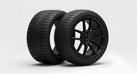 Two sleek black performance car tires with matching alloy wheels displayed against a clean white studio background, emphasizing automotive design and engineering.