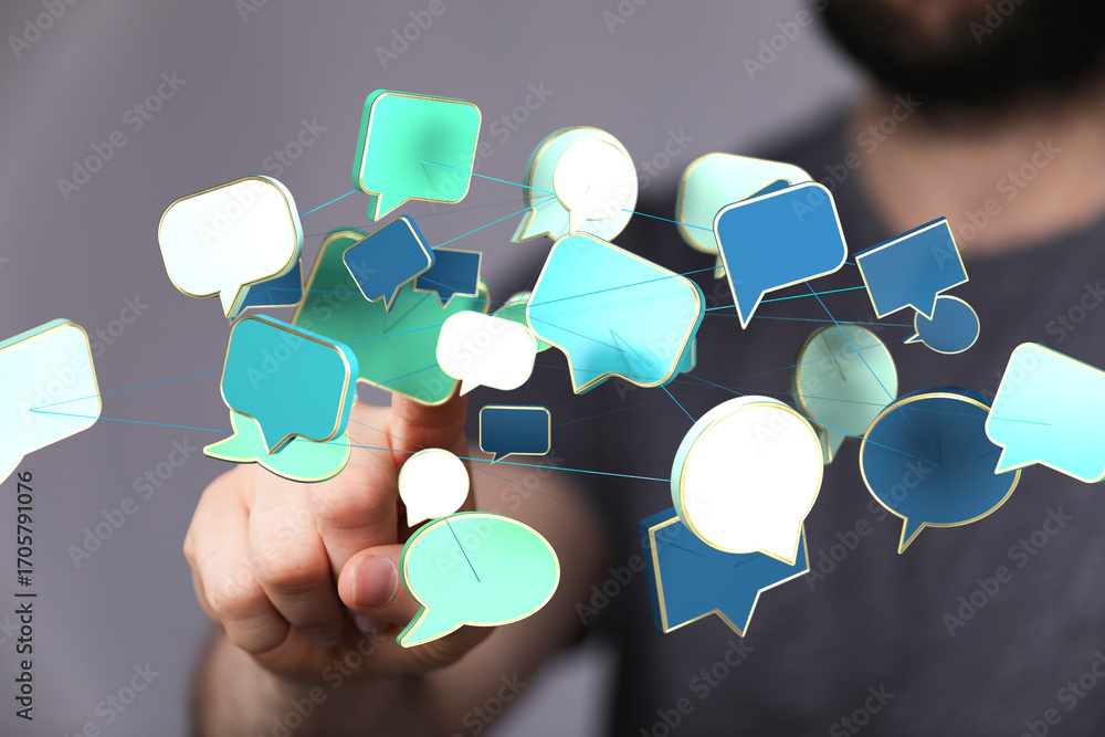 Poster abstract image of interconnected speech bubbles, symbolizing global communication and networking.