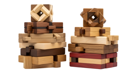 Two disassembled wooden burr puzzles isolated on transparent background, showcasing the complexity and challenge of these brainteasing games