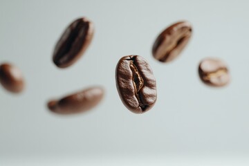 Coffee bean levitation: Close-up of meticulously roasted coffee beans floating in mid-air. The play of light and shadow accentuates the rich texture of the bean.