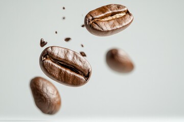 Roasted Coffee Bean in Air: This eye-level shot spotlights the artistry of a few coffee beans in mid-air, revealing their rich color and texture, capturing the anticipation of the perfect brew.