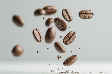 Roasted Coffee Beans in Flight: A dynamic, high-angle shot presents several roasted coffee beans suspended mid-air, showcasing their rich texture and captivating details.