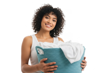 Smiling woman holding laundry basket isolated on transparent background