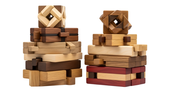 Two disassembled wooden burr puzzles isolated on transparent background, showcasing the complexity and challenge of these brainteasing games
