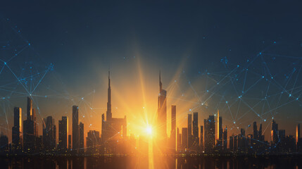 Fototapeta premium Sunshine in the Smart digital Innovation city with connection network reciprocity over the cityscape. of future smart wireless digital city and social media networking systems that connects people