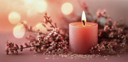 Candle Surrounded by Pink Flowers Creates Warm Ambiance in a Cozy Setting